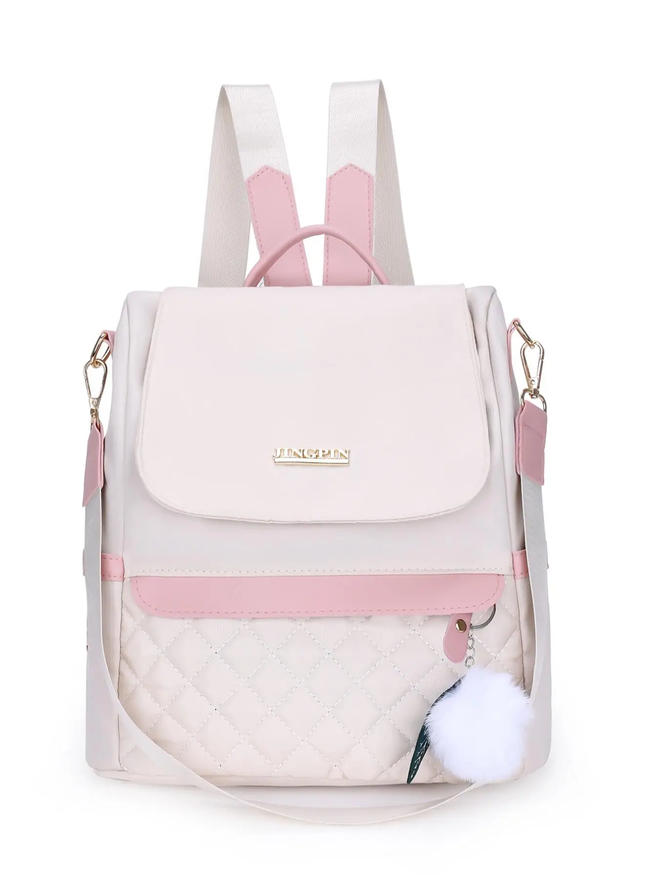 Women's Summer 2024 Preppy Nylon Backpack with Pompom Charm, Trendy Large Capacity Waterproof Zipper School Bag, Fashionable Book Travel Bag for Stude