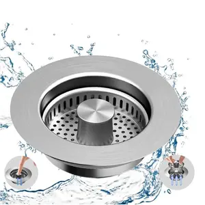 All Metal Sink Drain Strainer for Kitchen Sink Pop Up 3-in-1 Sink Stopper Drainer, 304 Stainless Steel Basket with Handle Rod for US Standard 3-1/2 inch Drain Filter, Anti-clog