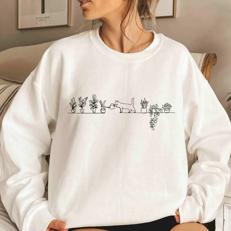 Cat Watering Plants Sweatshirt, Plant Lady Hoodie, Plants Sweatshirt, Gardening Sweatshirt, Succulents And Cat Hoodie,Cats and Plants Hoodie