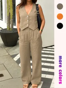Women's Solid Color Button Front Vest & Pocket Pants Two-piece Set, Casual Fitted Y2k Sleeveless Top & Pants for Daily Wear, Ladies Summer Clothes