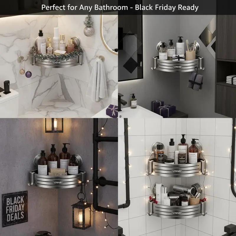Upgrade Version Gun Gray ABS Triangle Suction Cup ShowerCaddy 3-Tier Corner Shelves NoDrilling 50lbs LoadCapacity 6 Hooks for Bathroom Storage