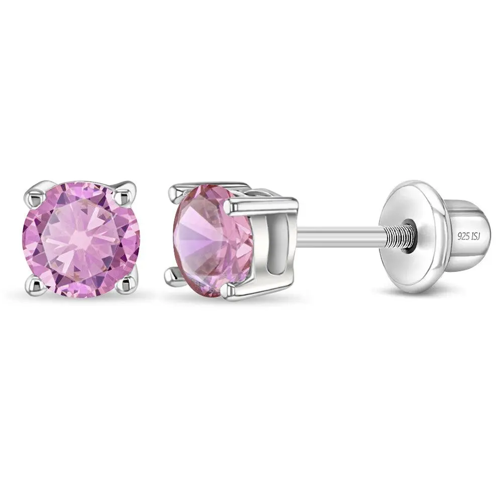 Classic Round Solitaire 4mm Baby / Toddler / Kids Earrings Screw Back - Sterling Silver