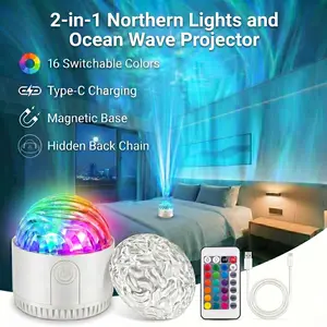 2-in-1 Northern Lights Projector with Remote Control, 16 Color Aurora Night Light Projector, USB Recharge Ocean Wave Projector, 4 Lighting Modes & 5 Brightness Levels, Decorative Modern Night Lights for Playroom Birthday Kids Teen Gift(Aurora & Wave)