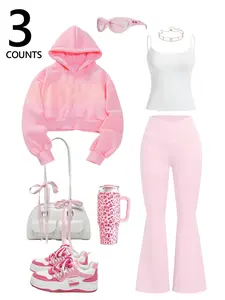 3 Counts Women's 3-Piece Pink Co-ord Set with Cropped Hooded Coat, Flared Pants & Camisole, Y2K Sporty Sports Style Loungewear for Casual Outfit Womenswear