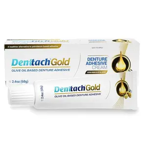 Denttach Gold – Extra Virgin Olive Oil - Extra Strength Denture Adhesive for Full & Partial Dentures – Zinc-Free, Long-Lasting Grip, 2.4oz Saliva Activated