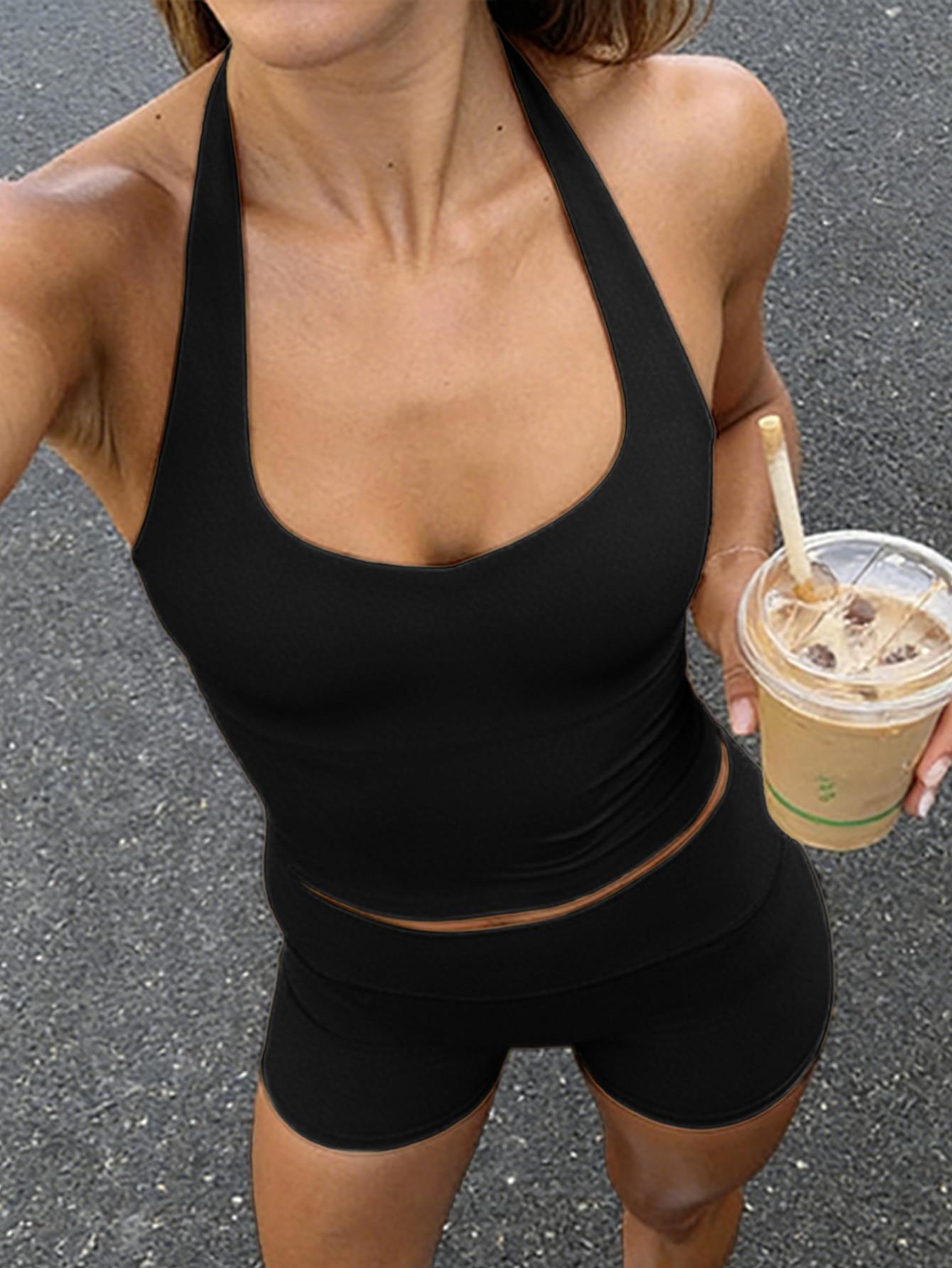 Halter-Style Sweet-Spicy Yoga 2-Piece Set, High-Stretch Slim Fit, Fresh Milk Yellow Tone, Ideal for Pilates, Home Relaxation & Layering with Jackets