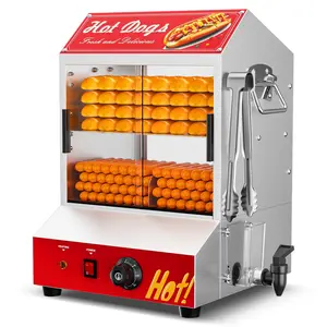 Hot Dog Steamer Machine, 28.5QT/27L, 2-Tier Electric Hot Dog Steamer with Bun Warmer, Adjustable Temperature, Hot Dog Hut Steamer with Visible Glass Sliding Door