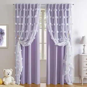Lilac Curtains for Girls Bedroom  Curtain with White Pom Pom Sheer Living Room Window Drapes  Tab Room Darkening Double Layer 84 Inches Length 2 Panels, Light Purple, W52 X L84
