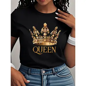 A Stylish T-Shirt Featuring a Golden Crown Design for Women, The Queen'S Crown Pattern Top, Perfect for Spring And Summer. an Elegant And Fashionable Short-Sleeve Round-Neck T-Shirt Suitable for Commuting, Ideal for Birthday Parties