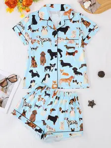 Women's Casual Sleepwear Set, Pajama Set, Cartoon Animal Dog Party Print, Fitted Short Sleeve Top & Elastic Waist Shorts, All Season Comfort