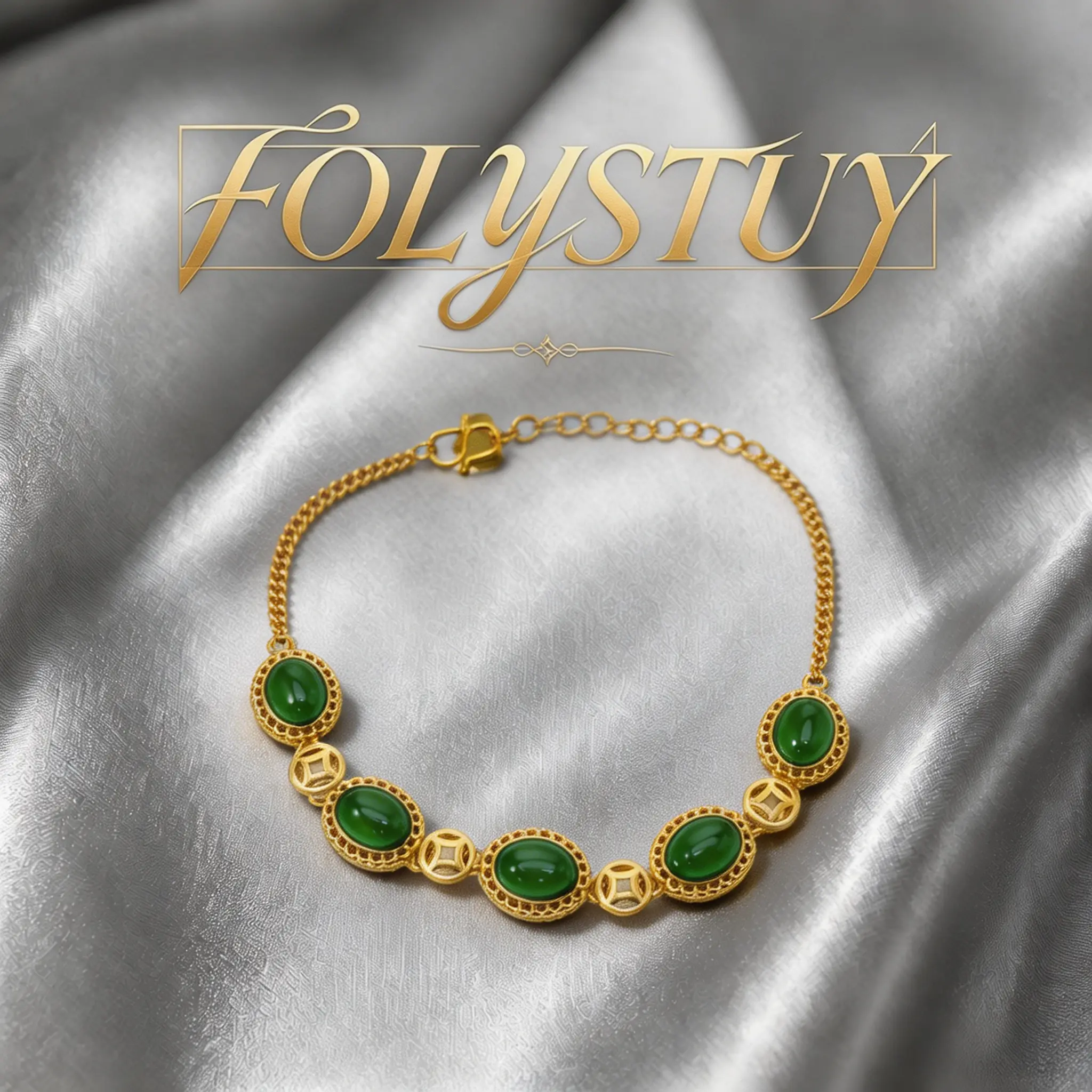 [FOLYSTUY(W160=8.66 inches long)]Vintage Oval Green Stone Gold Tone Chain Bracelet Hollow Retro Coin Inlaid Dainty Stackable Wrist Jewelry Gift for Women Daily Wear