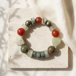 "Earth & Fire" Mixed Gemstone Bracelet - Carnelian, Agate, and Pyrite
