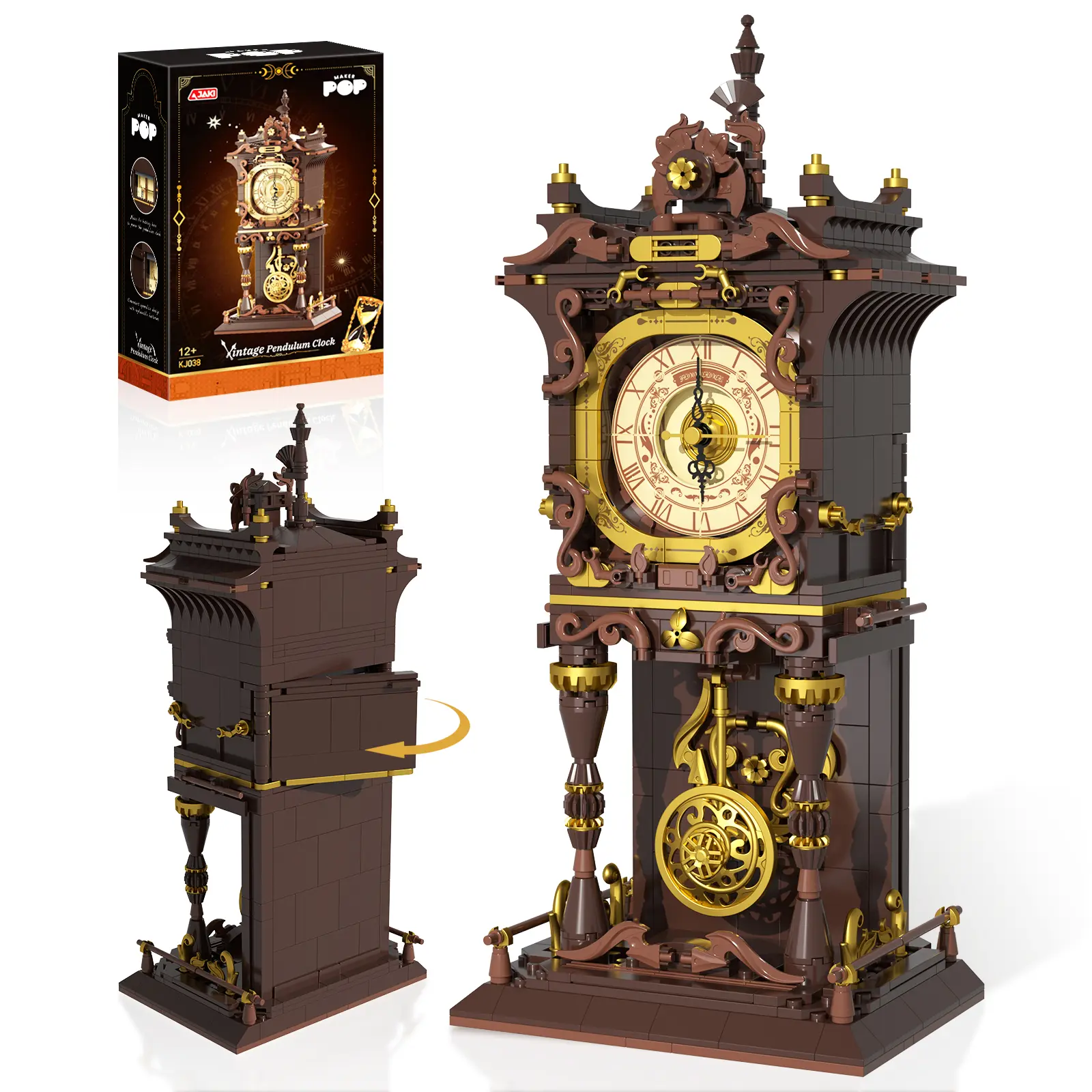 Vintage Pendulum Clock Building Blocks Set Antique Style Clock Tower Display Model Creative Mechanical Look Construction Toy Desk Decor Puzzle Kit for Teens Adults Home Office Decoration Collectible Ornament Relaxing Assembly Gift for Hobby Builders Model