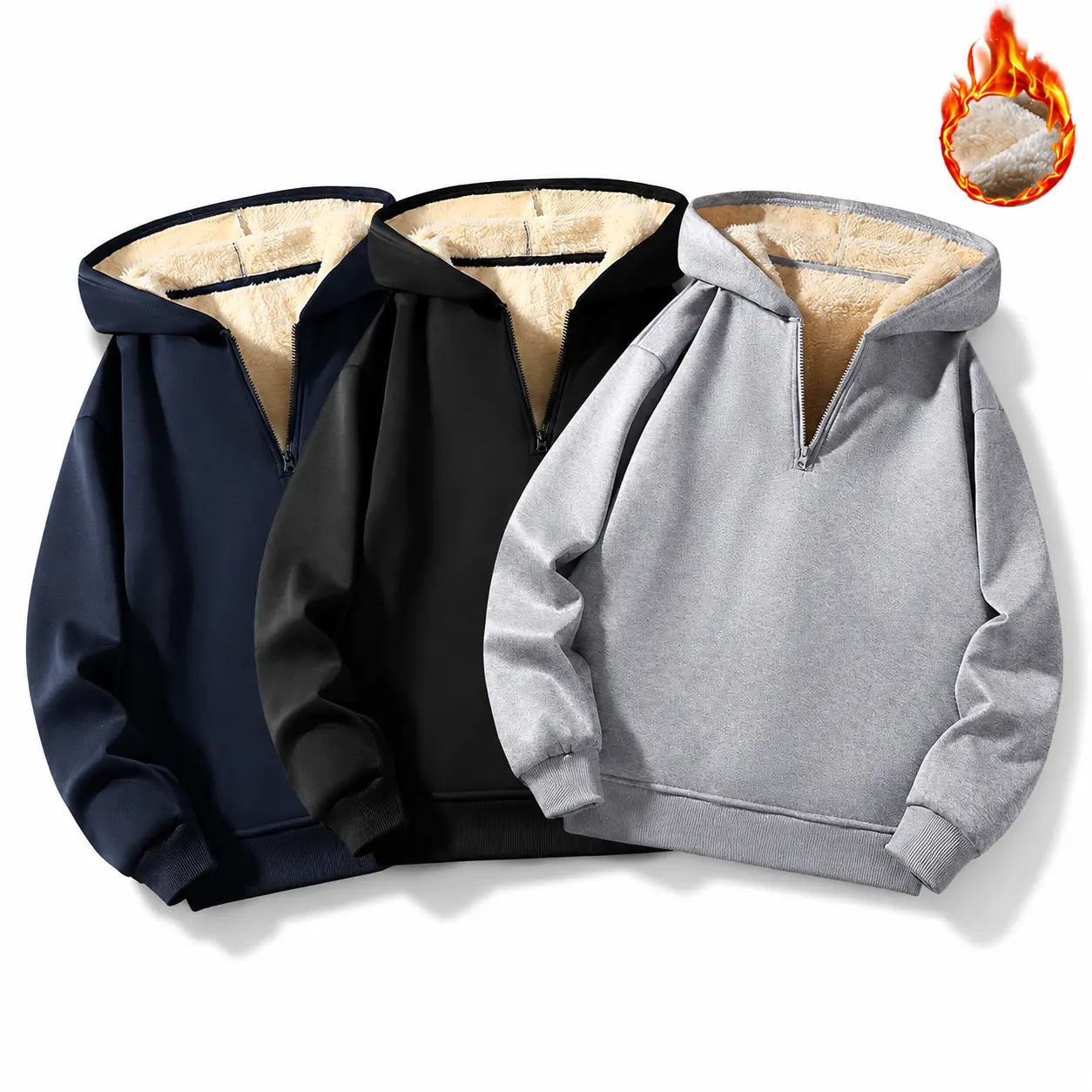 Men's Casual Plain Half-Zip Hoodie, Soft Plush Fabric Sweatshirt with Fleece Lining, Thermal Winter Pullover, Menswear, Ribbed, Straight, Stylish, Layer, Long Sleeve, Tops, Hem