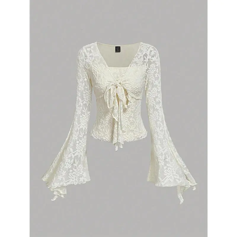 MOD Sleeve Apricot Romantic & Elegant Front Tie Blouse, Cute T-Shirt Women, Autumn/Winter Hollowed Costumes Women Outfit Pirate Top Princess Women Costume Going Out Tops Clothes Casual Sleeve Womenswear Soft Comfort