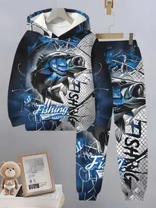 Boys' 3D Fishing Pattern Trendy Hooded Sportswear Set, Casual Fitted Sweatshirt and Pants for Ages 13 and Below, Outdoor Activities
