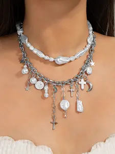 Vintage Layered Necklace, Irregular Pearl & Cross Pendant, Y2K Style Clavicle Chain, High-End Unique Jewelry, Fashionable Accessory