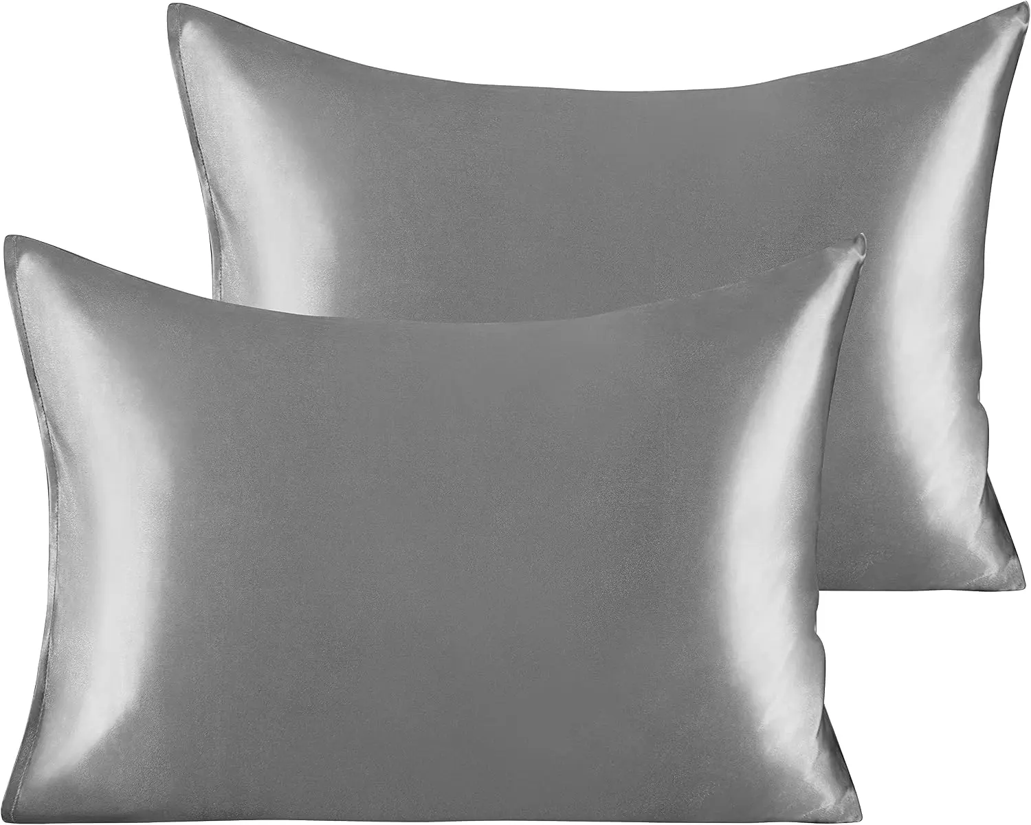 Silk Satin Pillowcases for Hair and Skin - 2-Pack Standard Envelope Closure Pillow Cases, 20x26 Inches, Luxurious Silky Grey Bedding Pillowcases