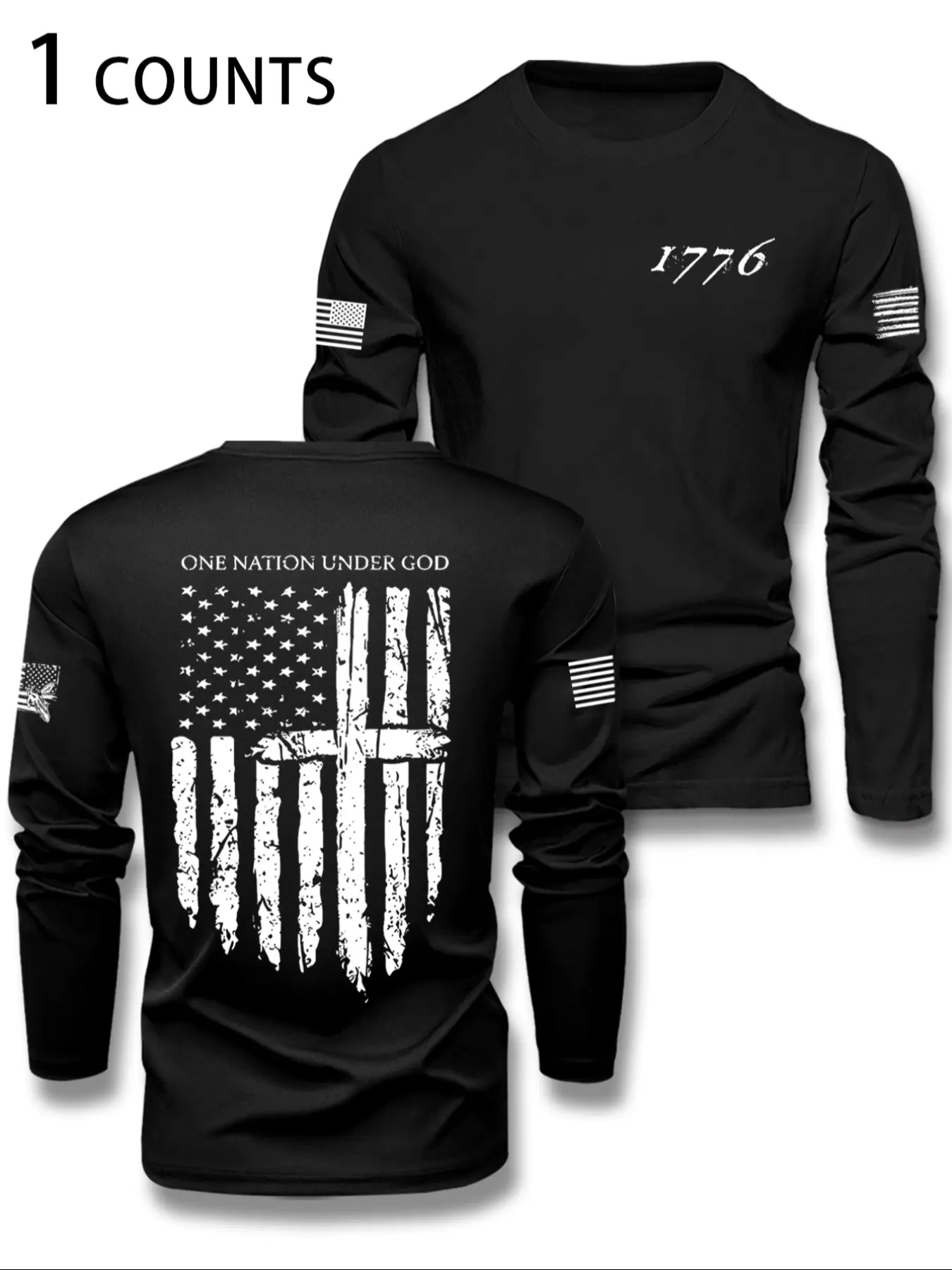 Men's Spring Fall Casual Long Sleeve T-Shirt, Fitted Round Neck Design, American Flag Eagle Print, Trendy Streetwear
