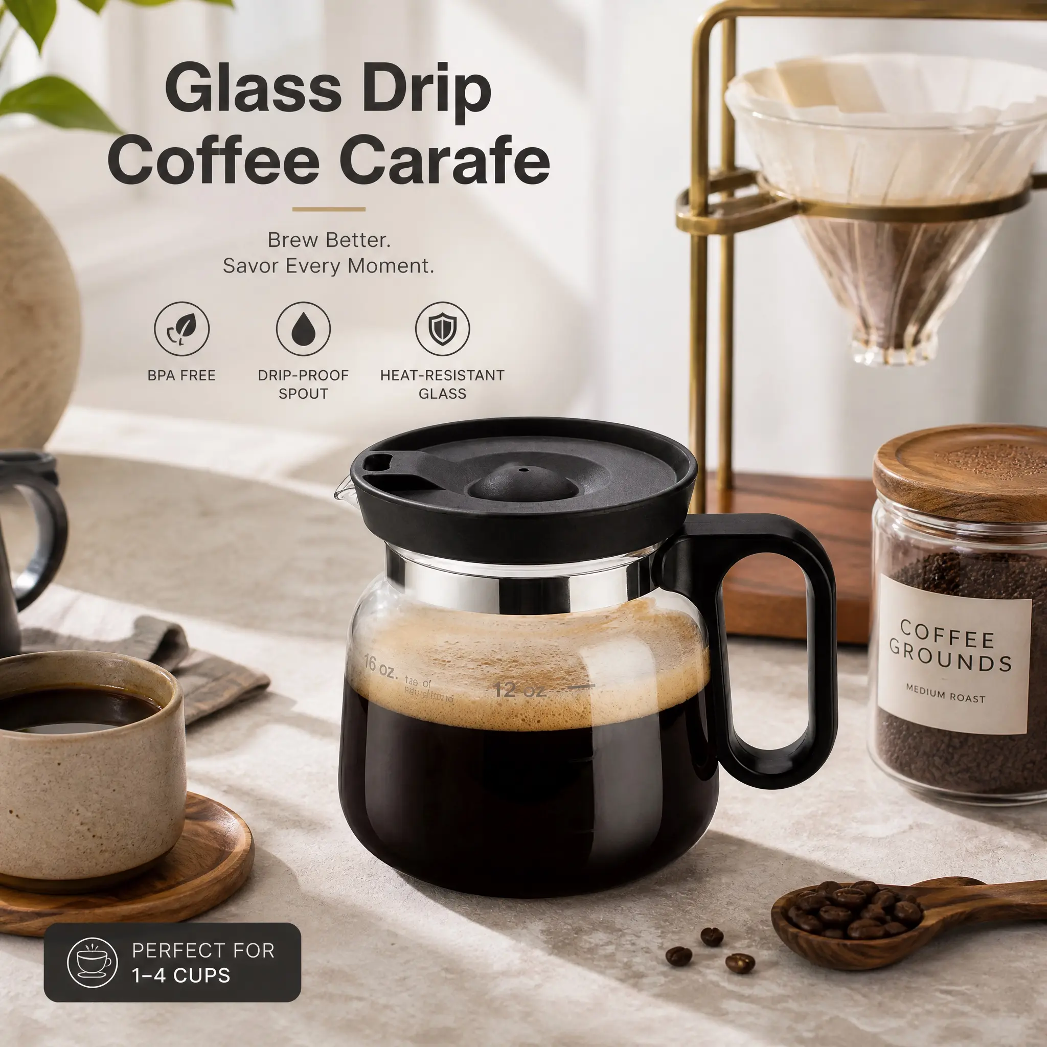 16 oz Glass Drip Coffee Carafe Pot Replacement, 4 Cup Small Pour Over Coffee Maker Server with Handle & Drip-Proof Spout, Heat-Resistant Borosilicate Glass Coffee Maker Accessories for Home Office, Coffee Bar Aesthetics