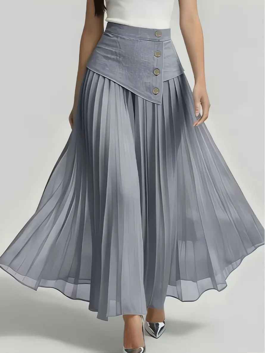 High-waisted slimming mesh pleated maxi skirt with denim-style patchwork design, perfect for spring and summer outfits and versatile for various occasions