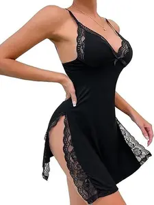 Sexy lingerie for women Split Side Floral Lace Trim Full Slip Night Gown Babydoll Lingerie Dress with Thong 2 piece Fit Bridal Everyday Nightwear Leg Elegance Loungewear Modal Womenswear