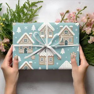Gingerbread Houses and Christmas Trees on Pastel Blue Wrapping Paper I Holiday Gift Wrap I Wrapping Paper 30x36, 30x72, 30x180