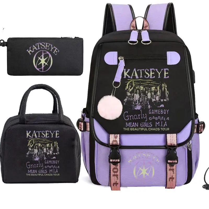 3 Piece Black Lavender Katseyes The Beautiful Chaos Tour Vintage Graphic Laptop Backpack Set Travel School Bag Lunch Bag Pencil Case