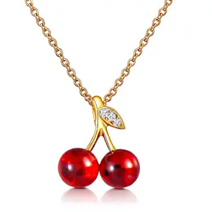 Cherry Charm Necklace with Red Beads and 18K Gold Plated Steel Chain for Women.