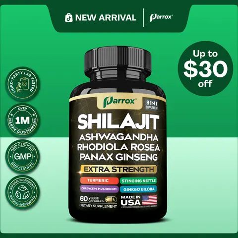 PARROX Shilajit Supplement - All-in-One Multivitamin Energy Booster with Ashwagandha & 7+ Extra Strength Ingredients - 60 Capsules - MADE IN USA