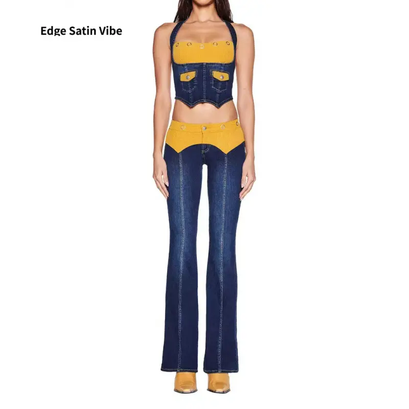 Corduroy Patchwork Denim Halter Bustier - Jeans