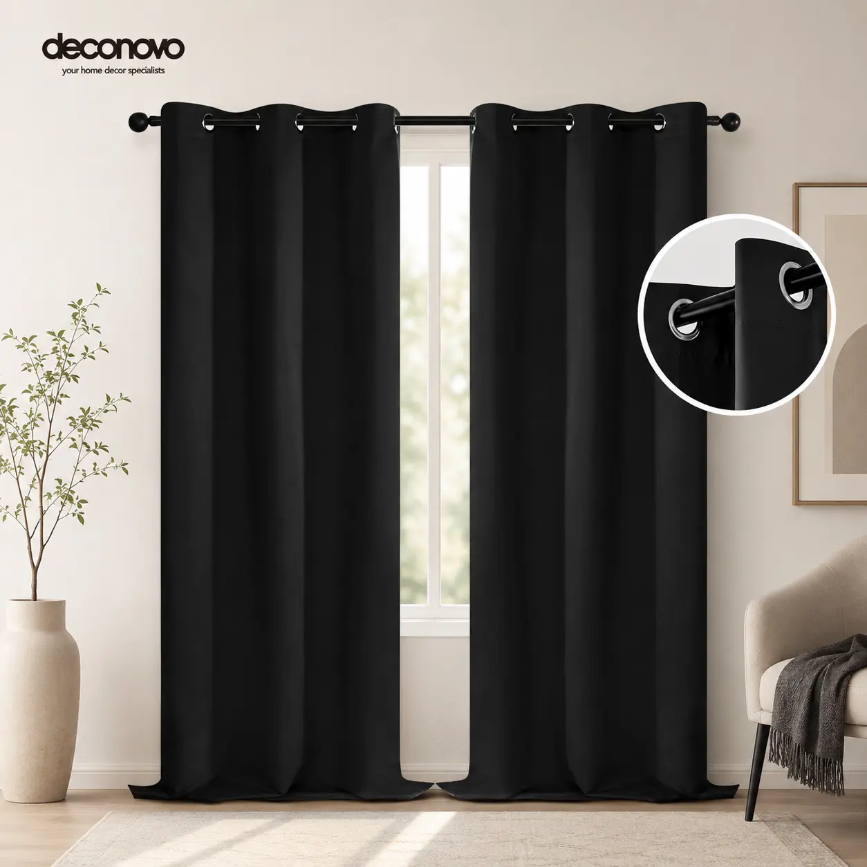 2 Panels Solid Blackout Curtains (85%-95% Light Blocking, Grommet Top, 52"W) – Thermal Insulated & Soundproof Drapes for Living Room, Bedroom & Home Office