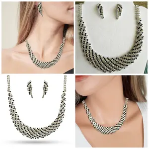 Elegant Black and Silver Rhinestone Necklace Set with Matching Earrings