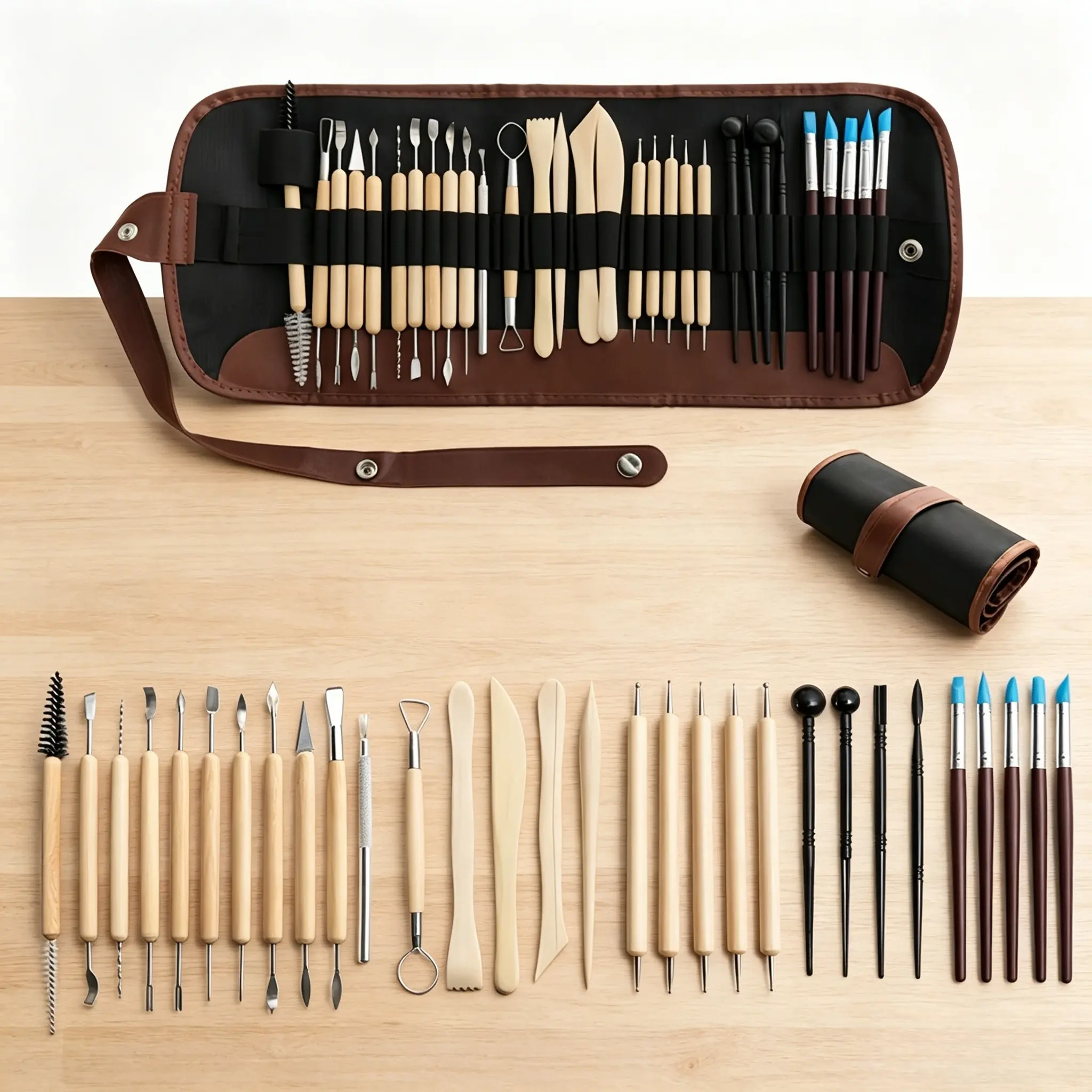 A set of 30 professional ceramic clay sculpture tools, including storage bags, wooden handles, sculpting pens, embossing tools, clay oil clay tools, and double headed pottery tools, suitable for DIY Clay Handicraft enthusiasts and professionals Handcraft