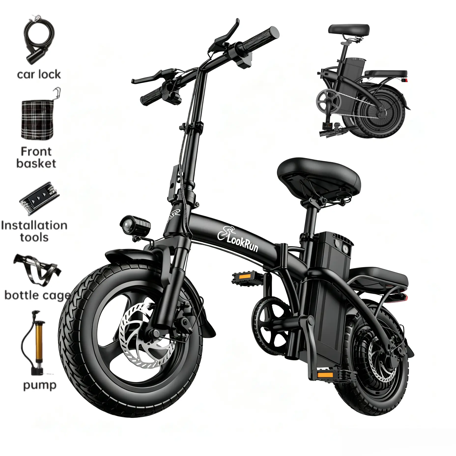 LookRun Compact Unisex 650W Peak Folding E-Bike - 14-Inch, 48V 15Ah Removable Bat., 20MPH, 28 Mi Range, Dual Shock Absorption, Lightweight, Double Seat, Ideal for E-Biking, Urban Commute, Sports & Outdoor Use, 48V 15Ah Bat.