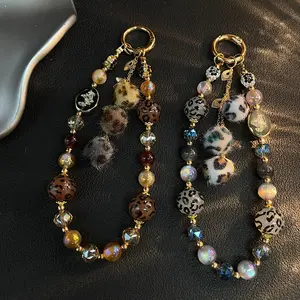 Autumn and Winter Leopard Print Fur Ball Pendant Bead Hand-held Chain Wrist Short Hanging Rope Phone Case Car Keychain Bag Pendant Fuzzy Keychain
