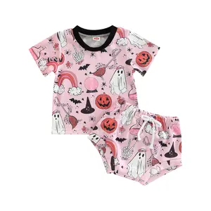 Imcute Baby Girls Halloween 2 Pieces Outfit, Pumpkin Ghost Bat Spider Print Short Sleeve T-Shirts Tops + Elastic Waist Shorts Set