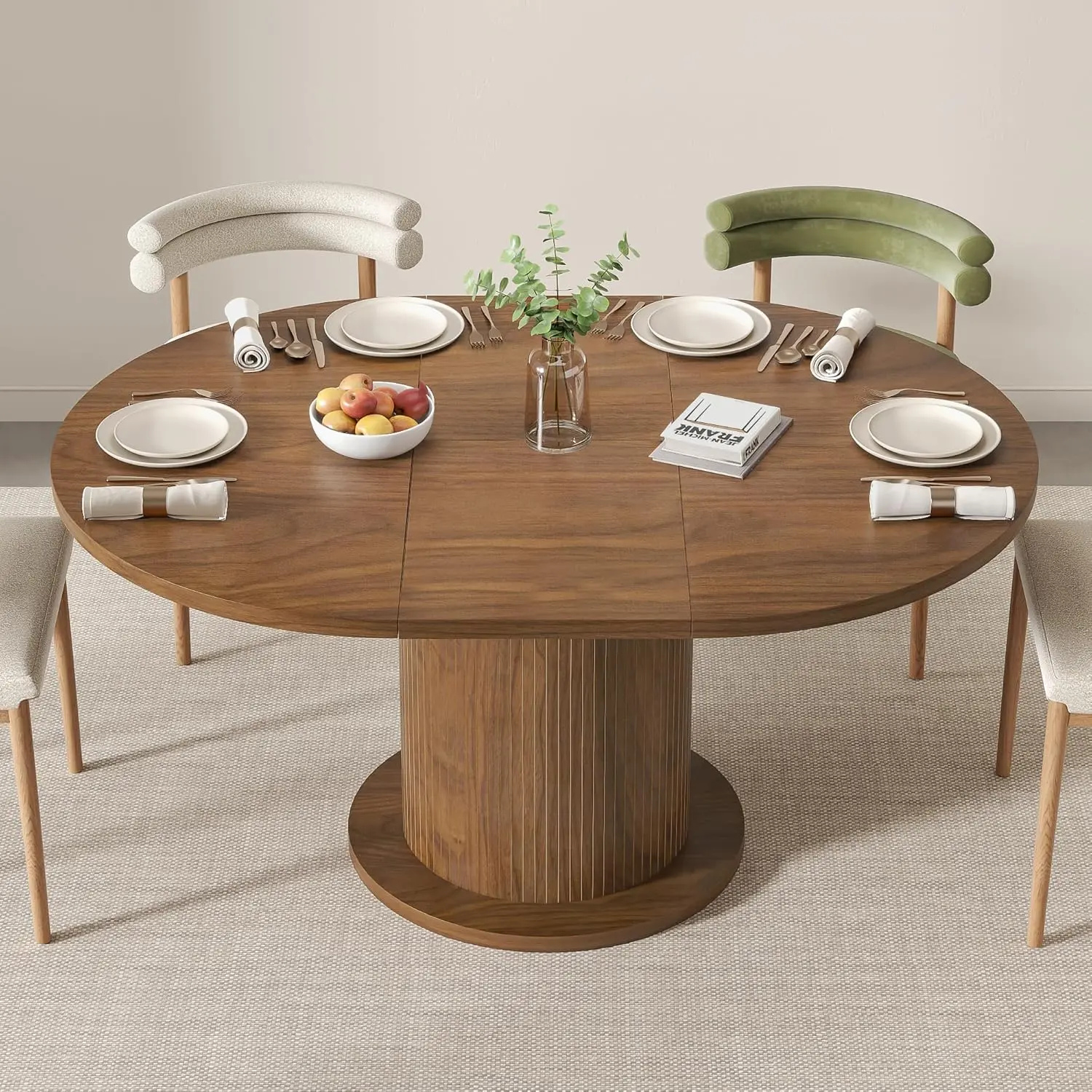 43.3 inch 59 inch Adjustable Size Round Dining Table for 4 6, Unique Design Modern Farmhouse  Table, Circle Dining Tables with Wood Strip Base for  Living Room islands kitchen Training