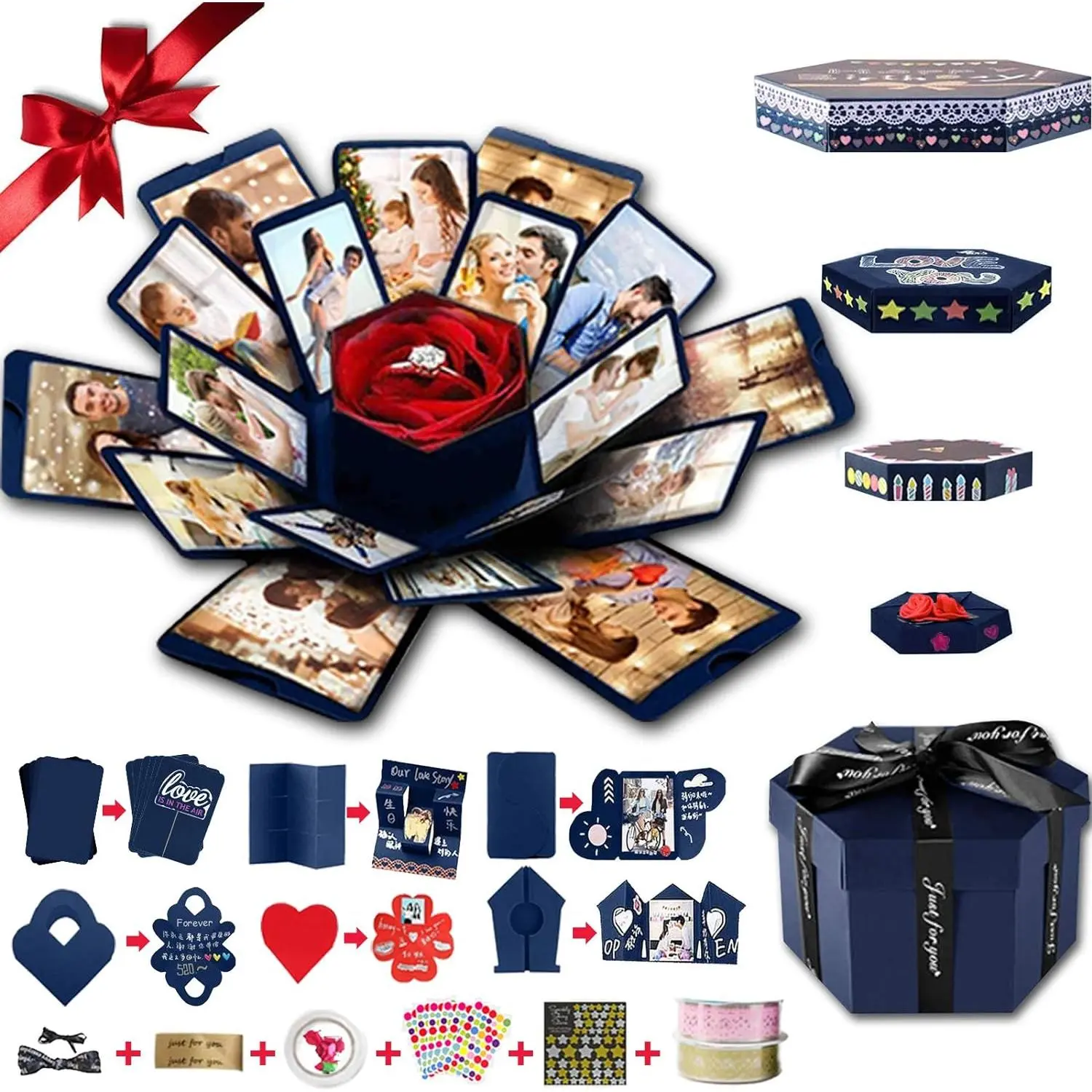 DIY Explosion  Box with 6 Faces, Main Part Assembled  Photo Box for Birthday, Anniversary, Wedding, Engagement, Mother's Day, Valentine's Day (Blue, 4.8 inches x 6.4 inches)