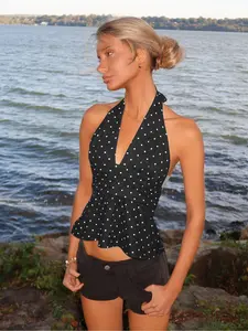 Women's Casual Minimalist Chic Halter Deep V Neck Polka Dot Top, Wrap Back Design, Comfortable and Stylish, Perfect for Daily Wear