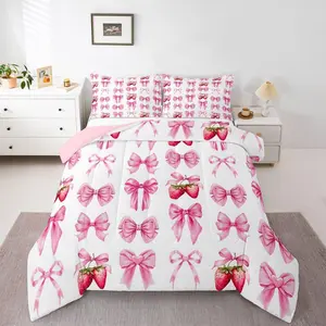 Pink Cute Strawberry Bow Comforter Set All Season Strawberries Bedding Set s Kawaii Bowknot Microfiber Kids Bedclothes Princess Decor Duvet Quilt Soft Lightweight
