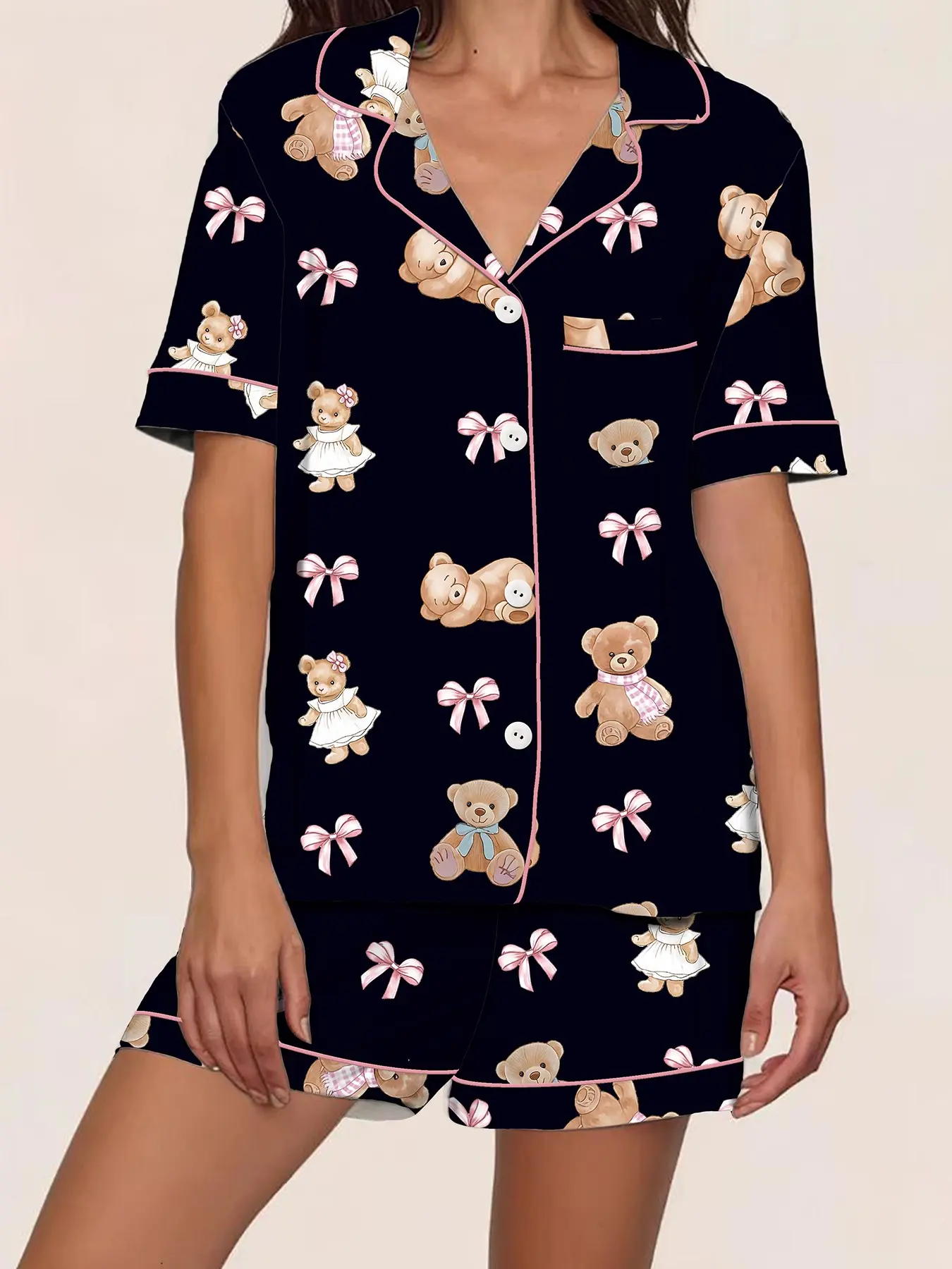 Women's Spring Summer Sleepwear Set, Open Front Lapel Short Sleeve Shorts Two-Piece Home Wear, Cute Teddy Bear Bow Print Design Pajama, Homewear, Loungewear, Pjs