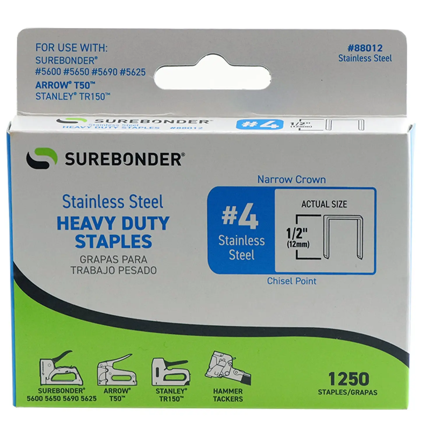 1/2" Stainless Steel Heavy Duty Narrow Crown Staples - 1250 Count | #4 Series