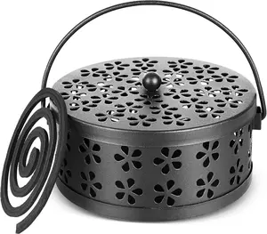 Portable Iron Mosquito Coil Holder with Handle Round Heat-Resistant Incense Holder (Black)