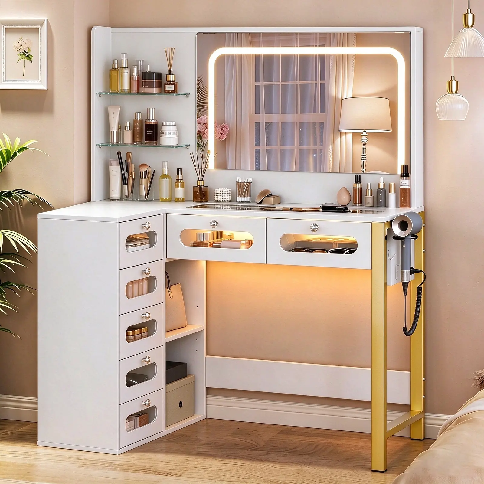 Space Saving Corner Vanity Table with LED Light Mirror, Power Outlet & Storage Drawers, Makeup Dressing Desk with Cushioned Stool for Bedroom