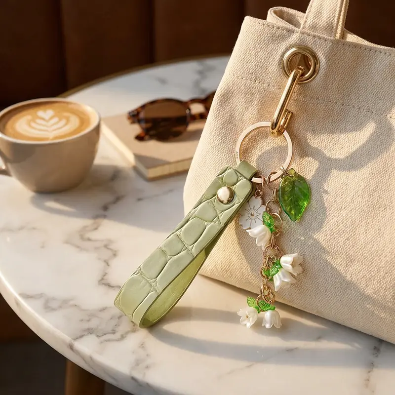 Female Lily of the Valley Keychain-Bag Charm, Vintage Floral Alloy-Leather Purse Pendant with 4 Flowers and Tassel, Thoughtful Bestie Gift