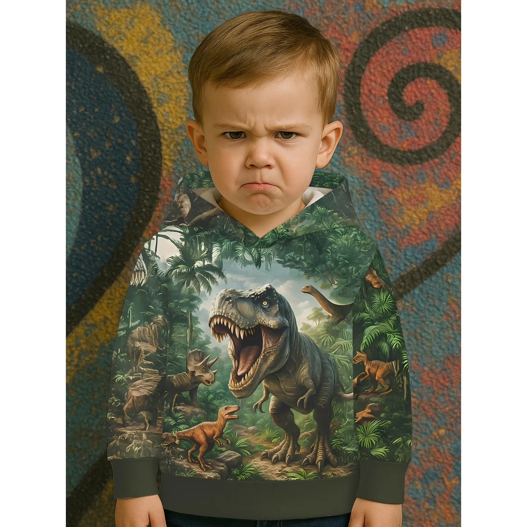 New Boys' Polyester Long Sleeve Hoodie - 3D All Over Print Dinosaur T-Rex & Prehistoric Jungle Design, Lightweight Breathable Regular Fit, 1-2y/3-4y/Up to 8y Green Spring-Fall Fashion Apparel, Soft Comfortable Kids' Jumper Gift (Dream Baby Selection), Kid