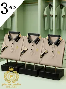 Men's Golf Polo Shirts Set, Gold Pierre Cardin Logo Print, Fitted Casual Style, Breathable and Comfortable, All-Season Wear
