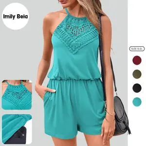 Imily Bela  Womens Rompers Casual Summer Rompers Short Halter Jumpsuits Solid Color Elastic Waist Outfits with Pockets