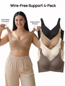 4-Pack Seamless Ribbed Push Up Bra | Jelly Support Full Coverage Soft Wireless Comfort Bralette Set Lift & Inward Shaping Plus Size Friendly S to 4XL Everyday T-Shirt Active Underwear Pack
